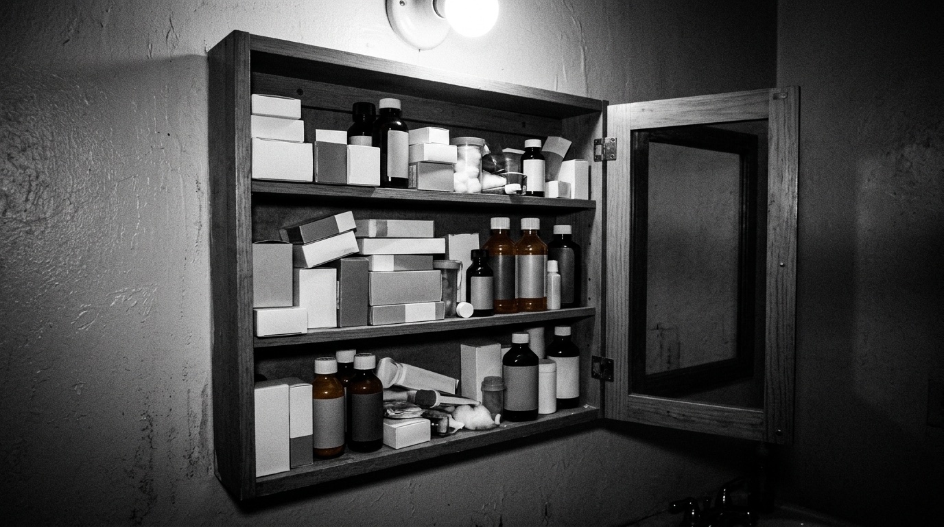 A night-lit medicine cabinet crammed with unlabeled cold-and-flu boxes and bottles