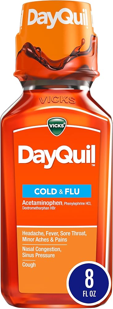 Vicks DayQuil Cold and Flu liquid bottle: acetaminophen, phenylephrine, dextromethorphan