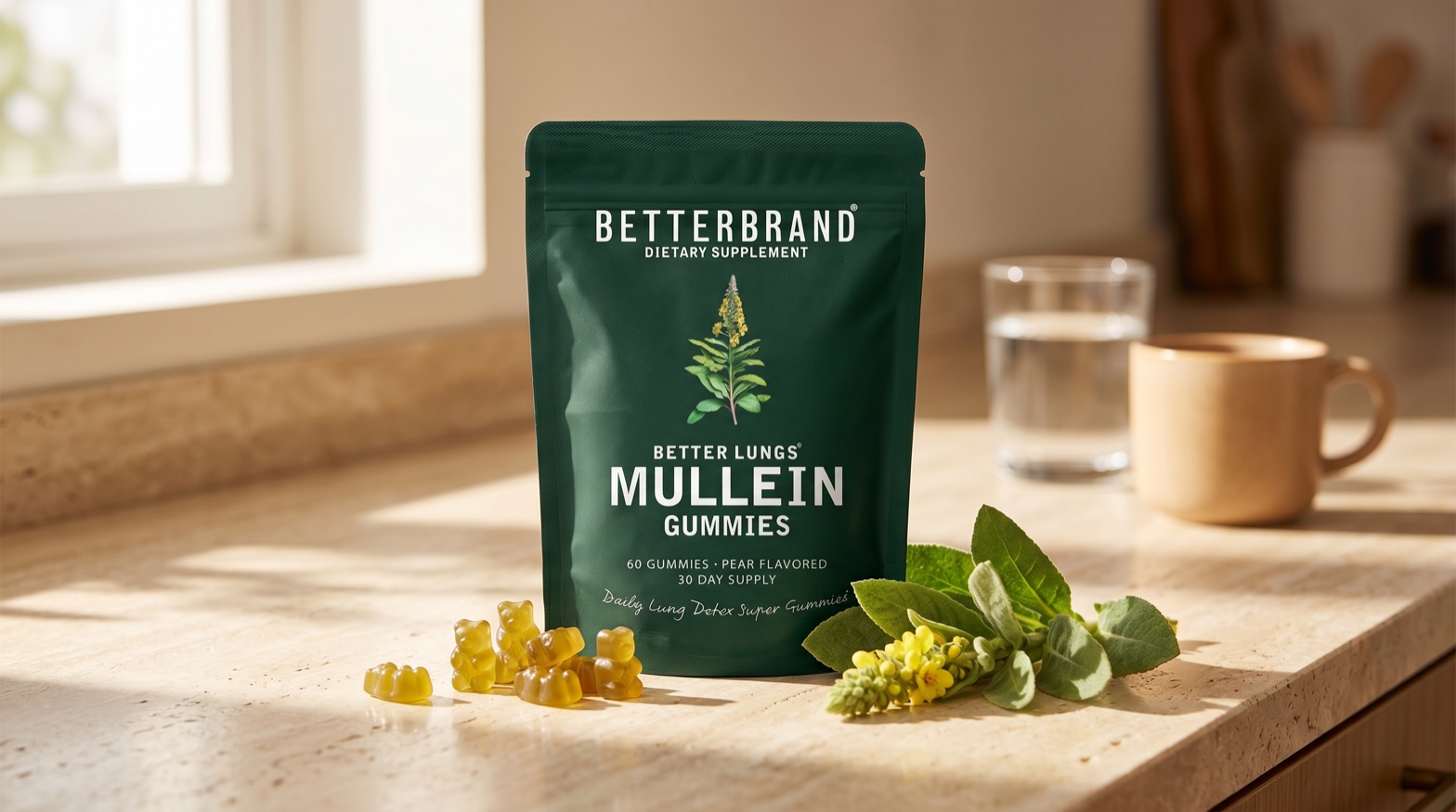 A pouch of BetterLungs Mullein Gummies on a sunlit kitchen counter beside the actual pear-flavored gummies, a mullein sprig, a glass of water and a cup of coffee
