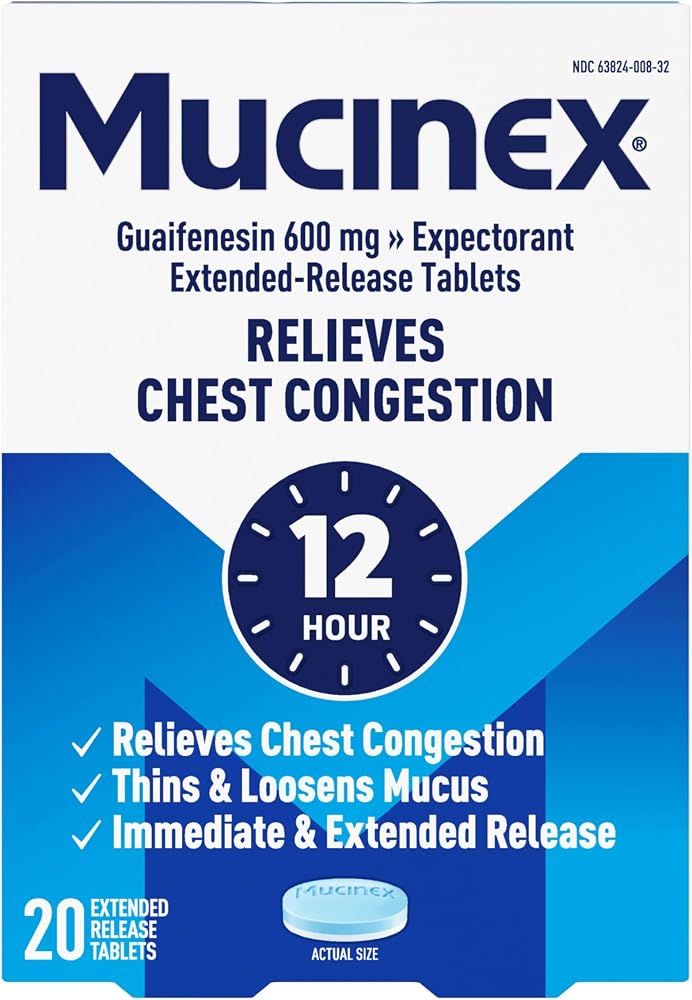 Mucinex 12 Hour box: guaifenesin 600mg expectorant, extended-release tablets