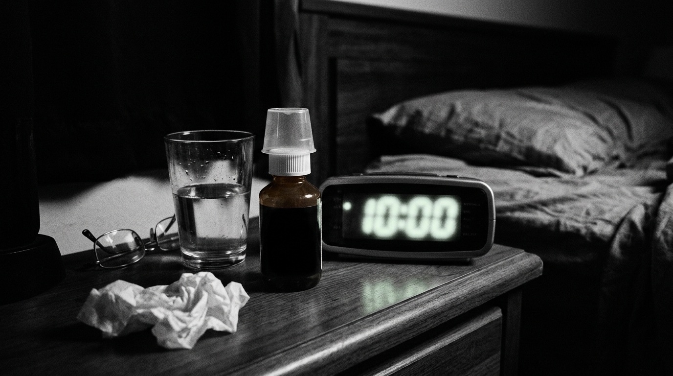 A dark nightstand at night: a cold-medicine bottle, a glass of water, reading glasses, a crumpled tissue, a glowing clock