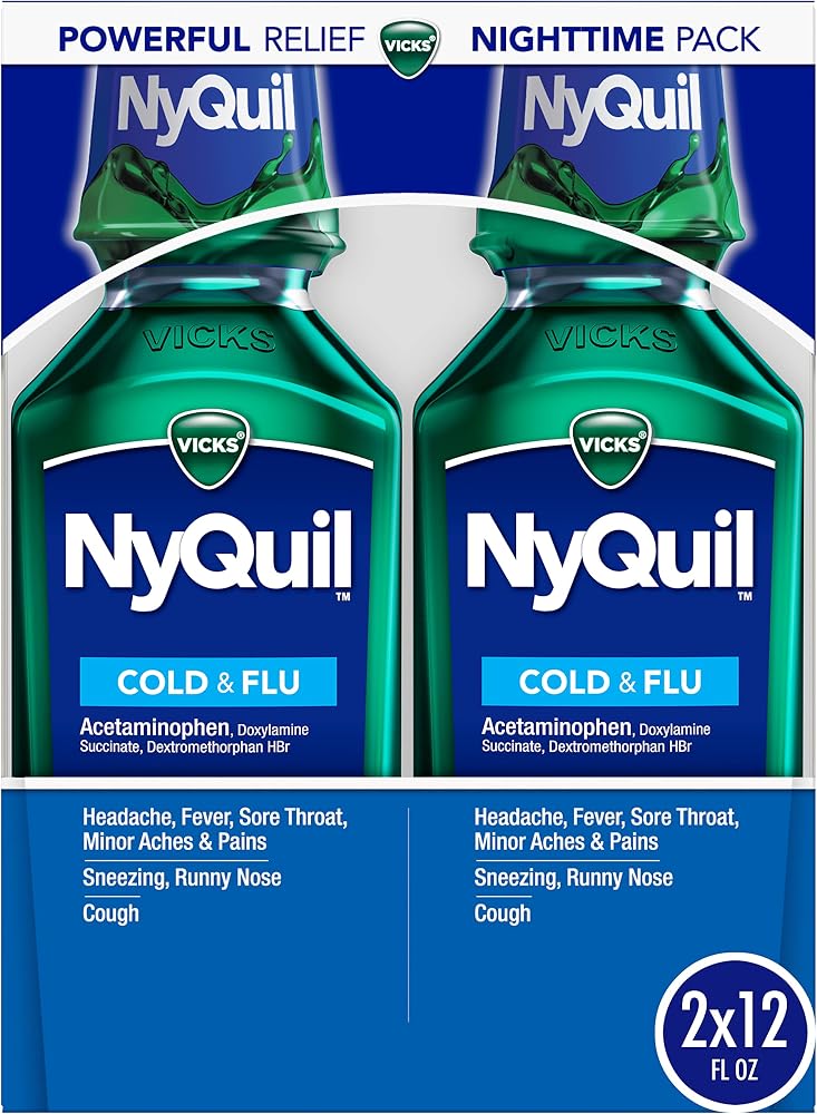 Vicks NyQuil Cold and Flu Nighttime liquid: acetaminophen, doxylamine succinate, dextromethorphan